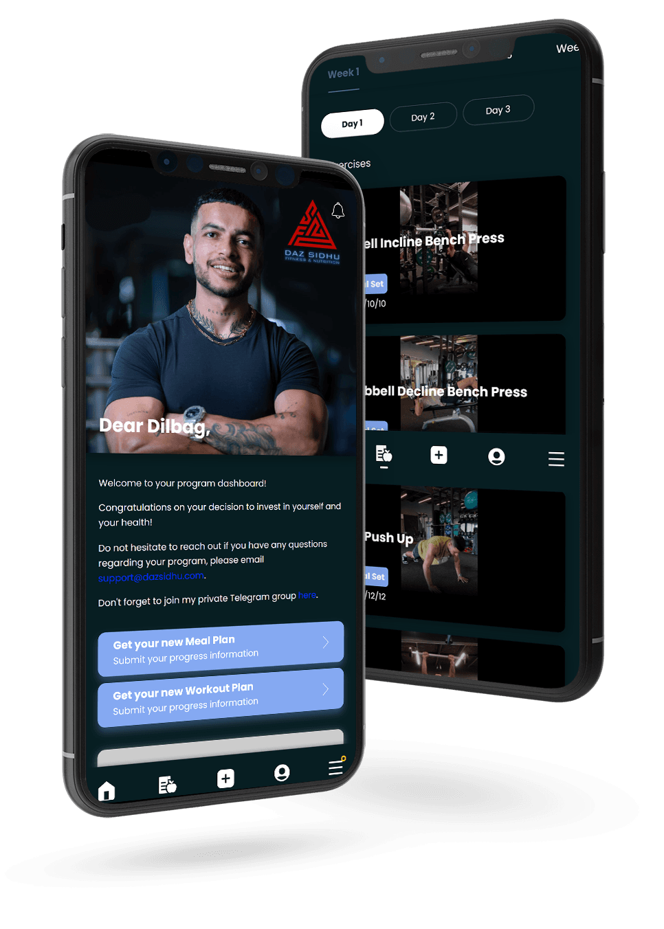 DSFN app on two phones — personalised welcome and workout plan